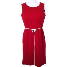 Vintage 60s Handmade Sheath Tank Dress Lady 8 Wool Piping-Trim Bow Zipper Red