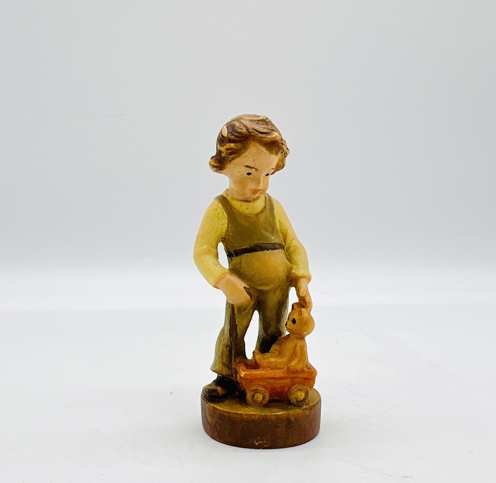 Original Dolfi Hand Carved Boy With Teddy Bear Miniature Figurine Made in Italy