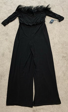 Adrianna Papell Boa Feather Jumpsuit Women 16 Black Slinky Knit Wide Leg Elegant