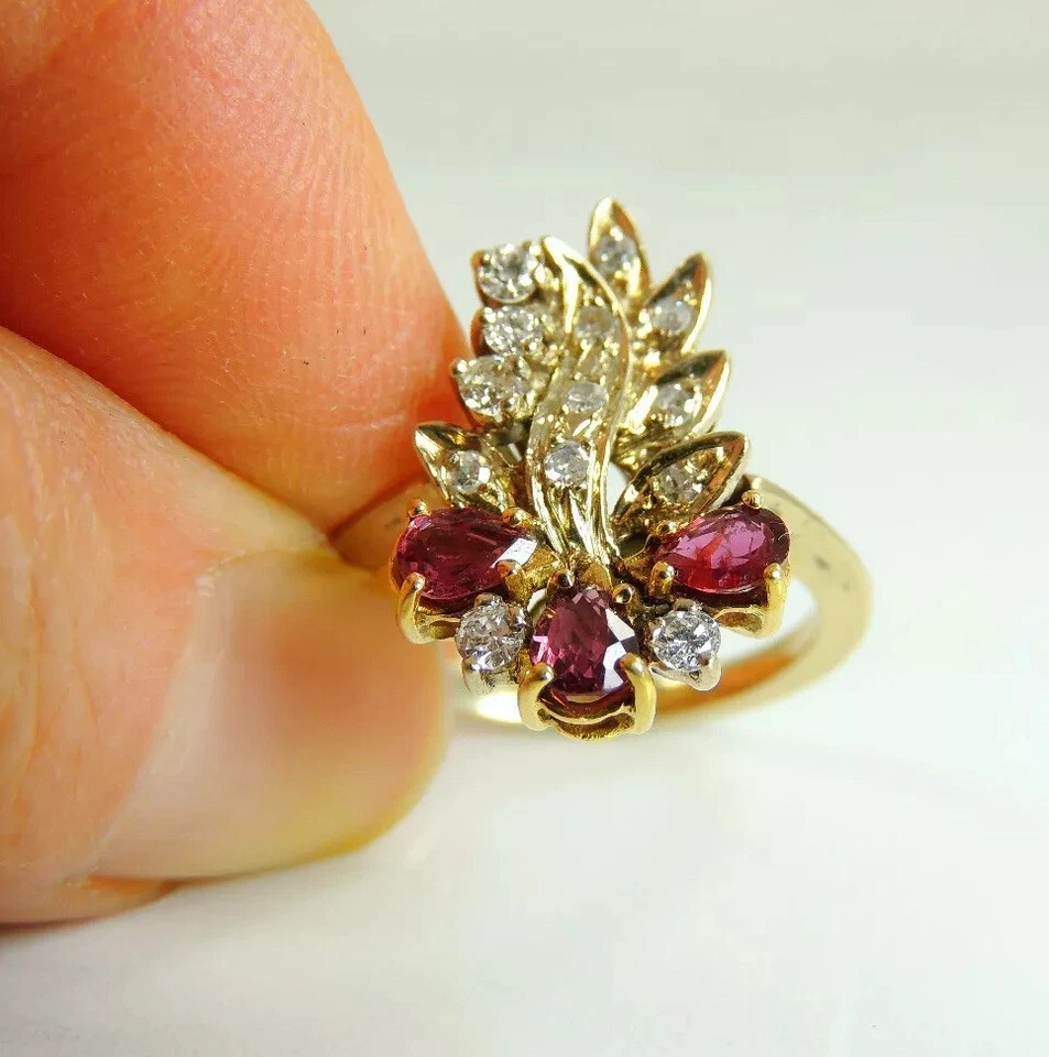 Vintage 14K Gold Diamond Ruby Ring Women's sz 6 Natural Precious Stones Italy - Image 3 of 4