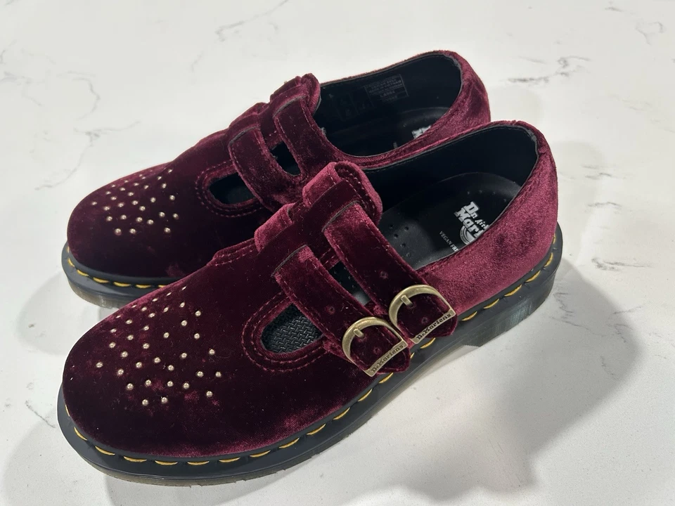 Zapatos Dr Martens Para Mujer Veganos Rojo Cereza Terciopelo Mary Jane Hebilla Talla EE. UU. 8 39 UE Foto 3 de 4