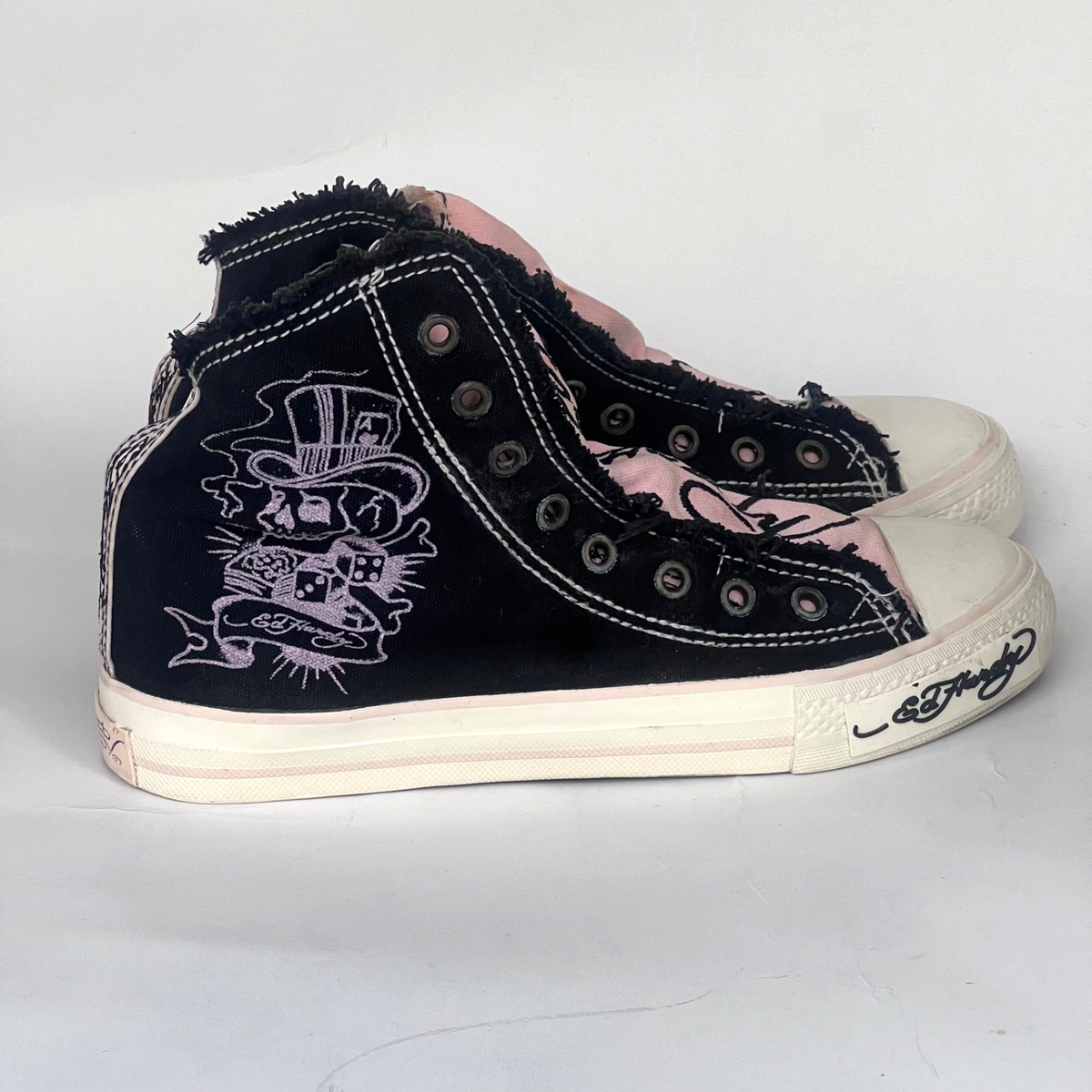 Vintage Ed Hardy Skull High-Top Sneakers Black Pink Y2K Distressed