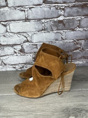Aquazzura Sexy Thing Camel Ankle Open Laced Suede Wedge Sandals Women 37.5EU/7US