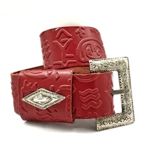 Vintage French Red Embossed Leather Belt 75/30 w/ Silver Buckle & Keeper France