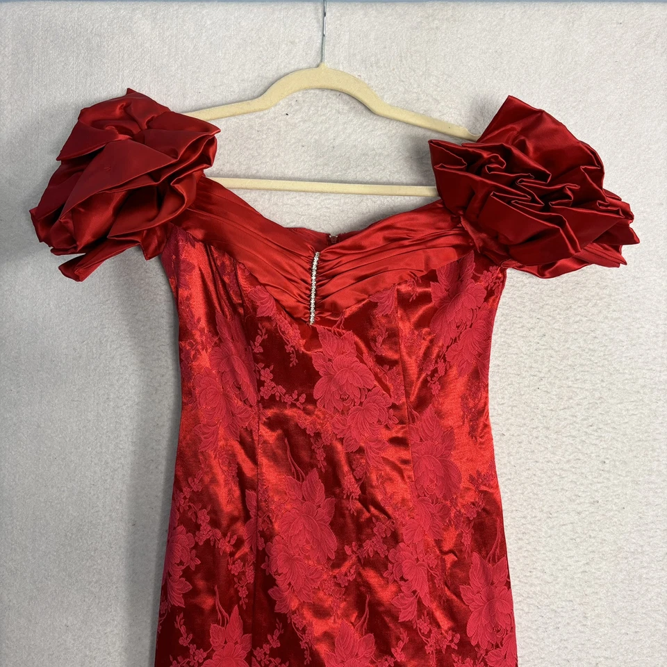 Vestido De Colección Años 90 Rojo Fiesta Baile de graduación Floral Frontal Abertura Manga Abullonada Talla 5 Hombro Descubierto Foto 4 de 4