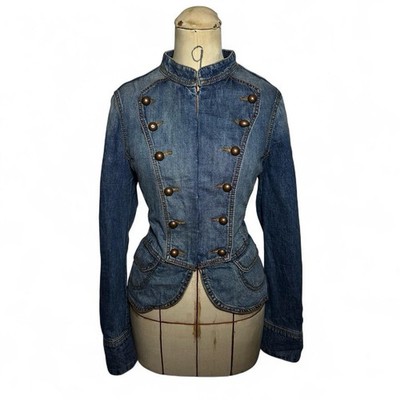Esprit Y2K blue panelled denim brass button peplum hem band drummer jacket S/M