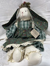 Vintage Hand Made Cotton Cloth Stuffed Bunny Doll Green Floral Dress Pants 21”