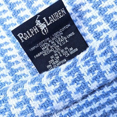 VTG Ralph Lauren Blanket Bedspread Queen Blue White Houndstooth Cotton 90x90 USA