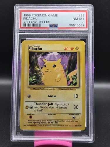 1999 POKEMON BASE SET UNLIMITED YELLOW CHEEKS #58 PIKACHU PSA 8