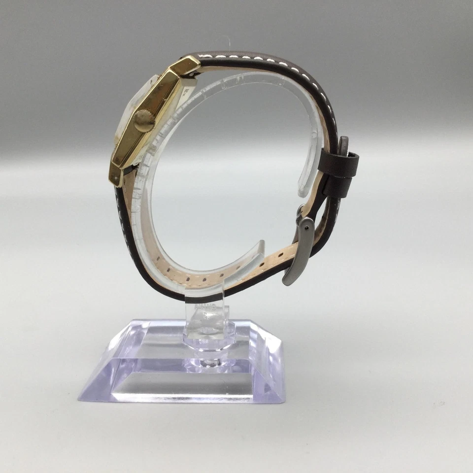 Reloj Benrus Hombre Vintage Oro 14K 24mm Esfera Negra Correa Cuero Marrón Cuerda Manual Foto 4 de 4