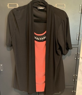 Ruby Rd. Black/Coral Solid Scoop Neck 3/4 Sleeve Beaded Blouse Women's L