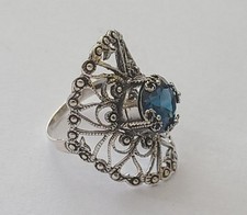 New Handmade Sterling Silver Filigree Statement Ring Blue Sapphire Gemstone - 10