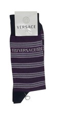Versace Socks Purple Striped Logo 90% Cotton Made in Italy New