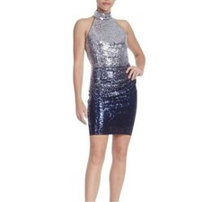 Jewel Badgley Mischka Blue Multi Sequin Halter Neck Sheath Dress Size 4 NWT