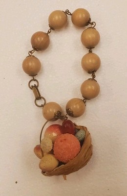 Vintage Straw sugared Fruit Basket  hanging on wood bead bracelet Unsigned
