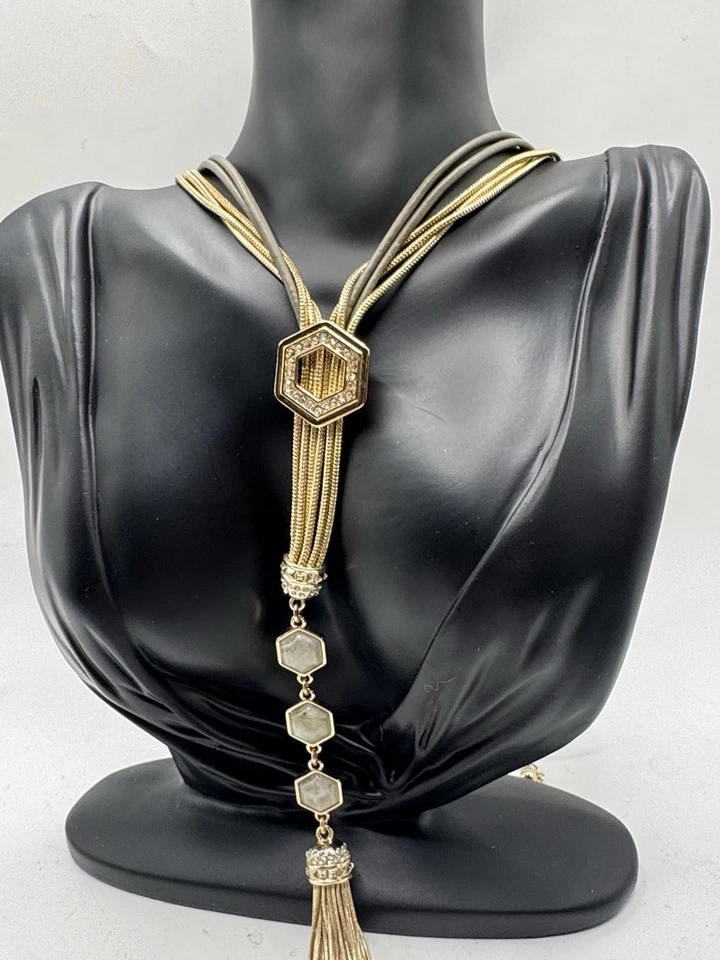 WHBM White House Black Market Hexagon Tassel Statement Necklace Gold Tone - Image 4 of 4