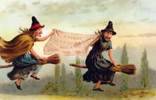 Halloween, Christmas witches Vintage Reproduction Postcard