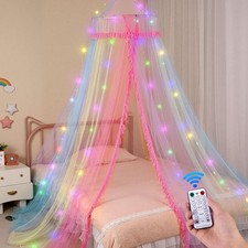 Bed Canopy for Girls with Remote Timer Breathable Net Canopy for Bed with 8 M...