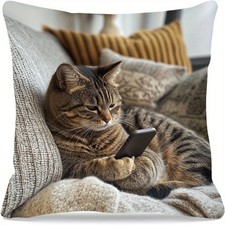 Funny Cat Using Phone Pillow Cover Pet Lover Humorous Cushion Case Decoration