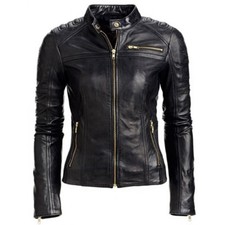 Black Women Slim Fit Biker Style Real Leather Jacket 