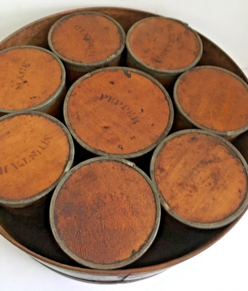 Antique Round Cylinder Wooden Bentwood Spice Box  8 containers & SPICE PROVENCE - Image 3 of 4