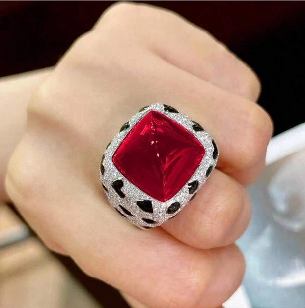 Simulated Cabochon Red Ruby & White Sapphire With Black Enamel Wide Luxury Ring - Image 3 of 4
