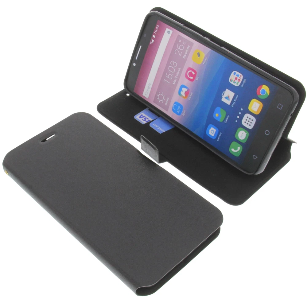 Custodia Portafoglio in Pelle PU con Finitura Scamosciata Compatibile con Alcatel Pixi 4 5.0 4G 5045A 5045G, Flip Cover Magnetica con Tasche per Carte (Nero