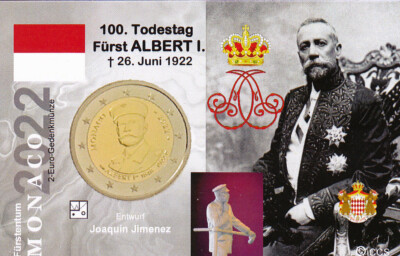 586 MC * InfoKarte mit FOTO : 2 Euro MONACO 2022 - 100. Todestag Fürst ALBERT I.