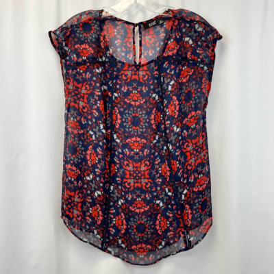 A.n.a Womens Blouse Multicolor Abstract Cap Sleeve Scoop Neck Keyhole Artsy M