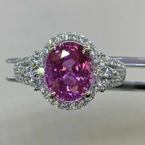Pink Ruby Halo Women's Ring 14KWhite Gold Plated Silver 3Ct Oval Cut Lab Created - Picture 1 of 4