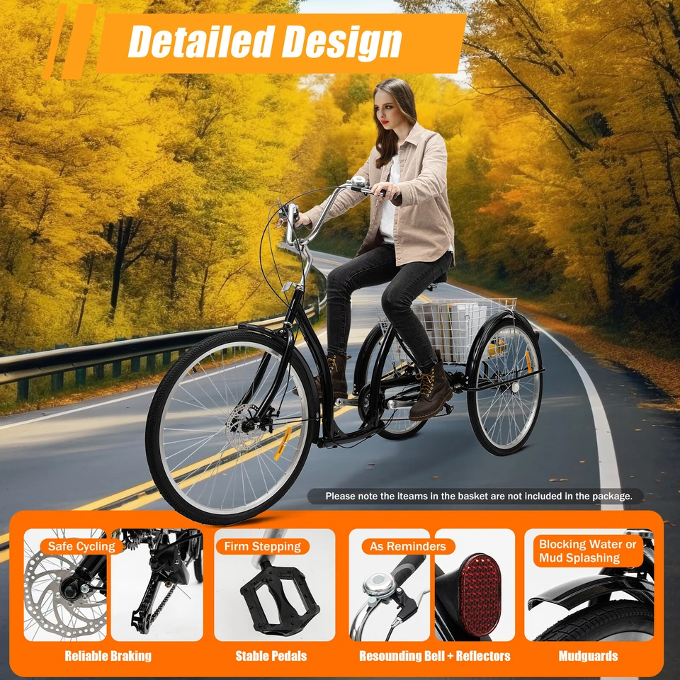 26 Zoll Dreirad F��r Erwachsene 6-Gang Senioren 3-Rad Fahrrad Mit Einkaufskorb - Bild 4 von 4