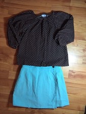 Just Ducky Girls Sz. 10-12 Brown Aqua Corduroy 3/4 Sleeve Top Reversible Skirt