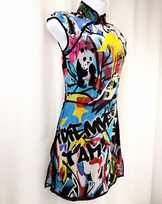 Vivienne Tam Graffiti Mao Dress Mandarin Collar Mesh Nylon