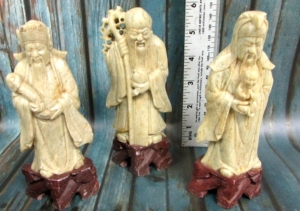 Lote de talla de piedra de jabón chino (3) estatuas de dios de la longevidad Shou Lao Xing deidad Foto 3 de 4