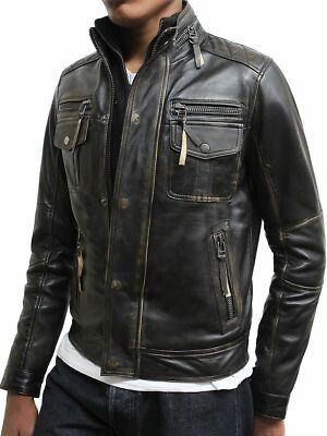 Mens Genuine leather Biker jacket Vintage Retro Style Distress Black