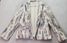 Chico's Blazer Jacket Womens Size 1 Cream Multi Geo Print Long Sleeve Open Front