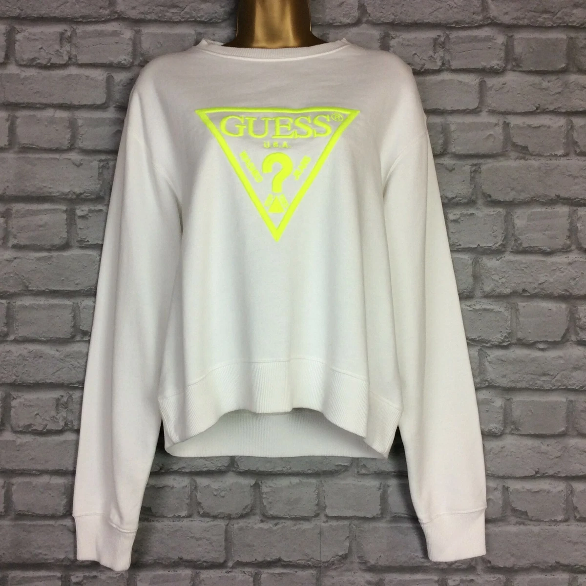 GUESS LADIES UK 8 WHITE NEON TRIANGLE LOGO CREW SWEATSHIRT RRP Â