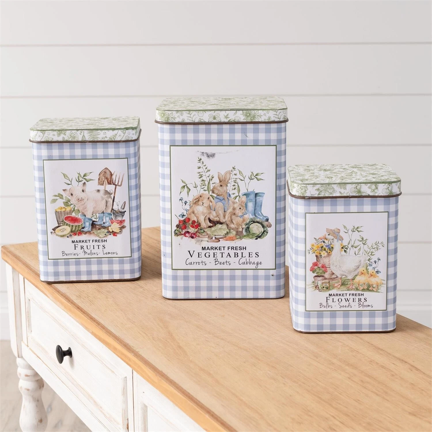 New Farmhouse Cottage FRUIT VEGIE FLOWER SEED CANISTER Metal Container Tins