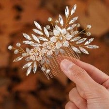 Flower Bride Wedding Hair Comb Gold Rhinestone Headpiece Bridal Crystal Leaf ...