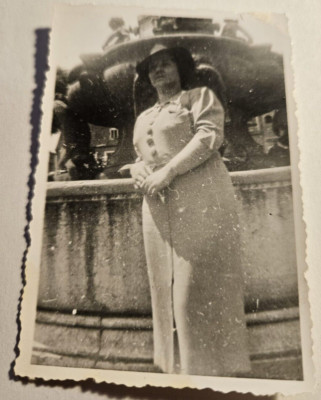 Woman in Dress and Hat in Front of a Fountain in the City (8.5x6) Original Photo