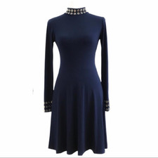 MICHAEL MICHAEL KORS NAVY MOCK NECK FIT FLARE MIDI ROUND GOLD METAL DRESS