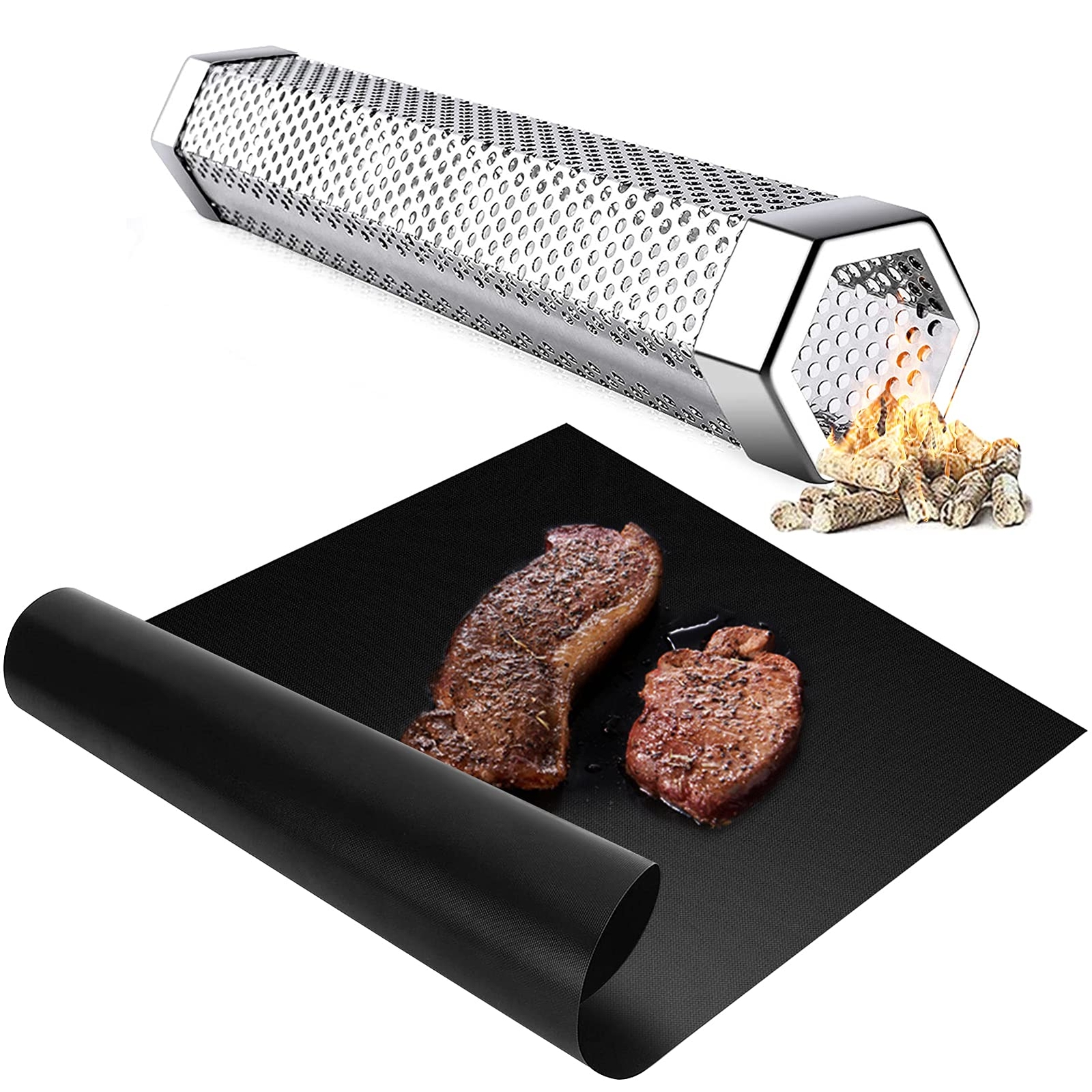 Smoke Tube for Pellets, 12'' Pellet Smoker, plus Fiberglass BBQ Grill Mat