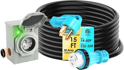 50 Amp Generator Cord 15ft Inlet Box Combo UL