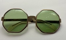 VTG Oversized 60s-70s Sunglasses Octagon Green Glass Lenses Gold Frame Groovy