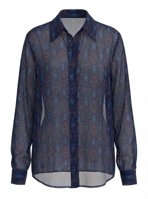 Notations Womens Large Navy Blue Sheer Floral Button Up NWT