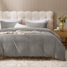 Plush Duvet Cover Set - Queen Size Light Gray Striped Fluffy Comforter Cover ...