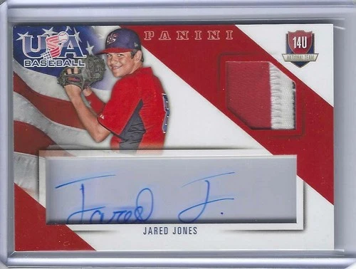 Jared Jones 2015 Panini USA Baseball #17 jersey with red and white panel, blue autograph, and “14U” National Team patch.