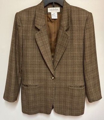 Vintage Jones New York Blazer Women Sz 8 Brown Plaid 100% Wool