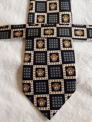 VERSACE Medusa Krawatte Tie Cravate. Seide. Blau. Weiß + Muster. Vintage