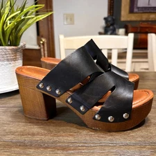 Coach and Four Black Leather Studded Wood Platform Heel Sandal Size 10M